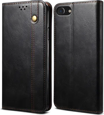 A black leather flip wallet case for an iPhone is shown from the front and back.
