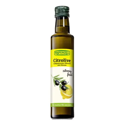 A bottle of olive oil with lemon.