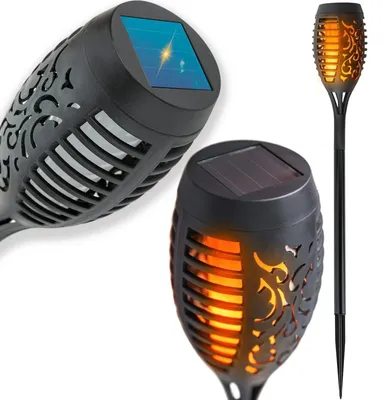 Zdjęcie produktu dla Lampa lampka ogrodowa solarna pochodnia LED wbijana efekt płomienia IP44 12 LED czarna czujnik zmierzchu