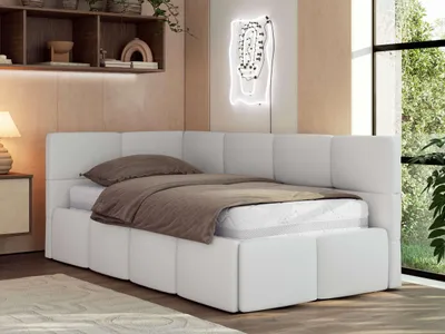 Produktbild von MKS MEBLE Jugendbett 90x200 cm ARVO Polsterbett mit Bettkasten, Mettalrahmen Stauraum & Gasdruckfeder, ohne Matratze - Weiß Kunstleder - Links Seite
