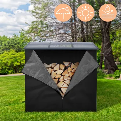 Zdjęcie produktu dla ML-Design pokrowiec na stojak na drewno opałowe, DxH: 185x125 cm, czarny, odporny na warunki atmosferyczne, poliester chroniący przed warunkami atmosferycznymi, pokrowiec ochronny na stojak na drewno opałowe 143x145 cm, plandeka na stojak na drewno opałowe