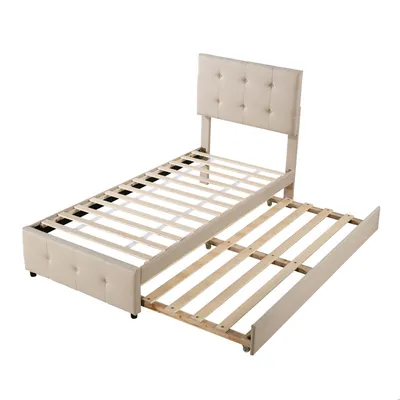 Produktbild von Polsterbett mit Gastbett und Lattenrost, 90x200 cm, Kopfteil höhenverstellbar, Einzelbett, Jugendbett, Leinen