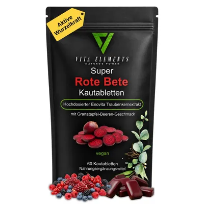Vita Elements Super Rote Bete Kautabletten mit hochdosiertem Enovita Traubenkernextrakt.