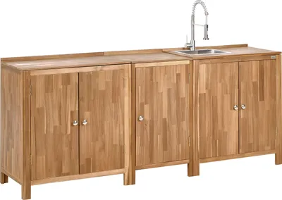 Produktbild von BELIANI Outdoor-Küchenschrank Braun u. Silber Akazienholz 3er Set mit Spüle und Armatur Modern für Garten Draußen Outdoor-Küchenmöbel Gartenküche