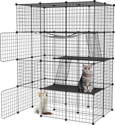 Obrázek produktu pro XINZI Velká klec pro kočky 146x110x74 cm - čtyřpatrový výběh pro kočky s kovovou mřížkou, protiskluzovou základovou deskou a houpací sítí, pro 2-3 kočky, černá barva