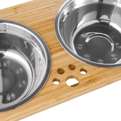 Image de Mangeoire surélevée pour chiens et chats - Support en bambou avec coupelles en acier inoxydable - Pieds antidérapants
