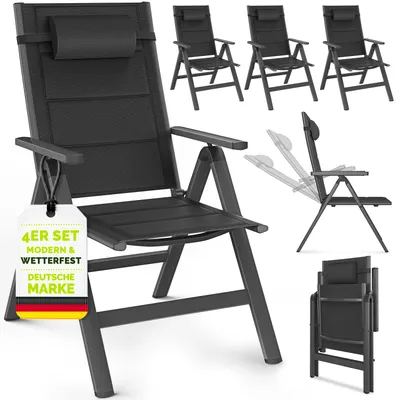 Produktbild von tillvex Gartenstuhl mit Polster Premium 4 Stück Anthrazit klappbar aus Aluminium | Hochlehner mit Armlehnen | Klappstuhl verstellbar | Klappsessel Balkon Garten Terrasse