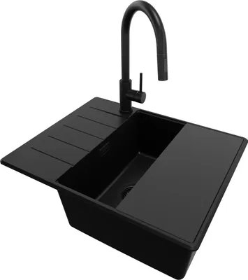 Produktbild von PRIMAGRAN Granitspüle Alles Schwarz 62x50cm, Spülbecken 1 Becken + Ablauf-Set + Küchenzubehörset, Küchenspüle ab 50er Unterschrank - Kopenhagen