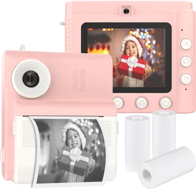 Obrázek produktu pro Okamžitý fotoaparát pro děti, digitální fotoaparát pro děti, 1080P, digitální videokamera, dvojitý objektiv, 2,8" IPS obrazovka, vestavěná baterie, fotorámeček se 3 rolemi termopapíru, šňůrka na krk, narozeninový a sváteční dárek pro děti, chlapce a dívky