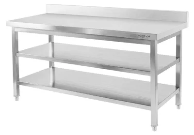 Zdjęcie produktu dla Stół gastronomiczny ze stali nierdzewnej przyścienny z 2-ma półkami Mega-M X STANDARD 200x70x85 cm
