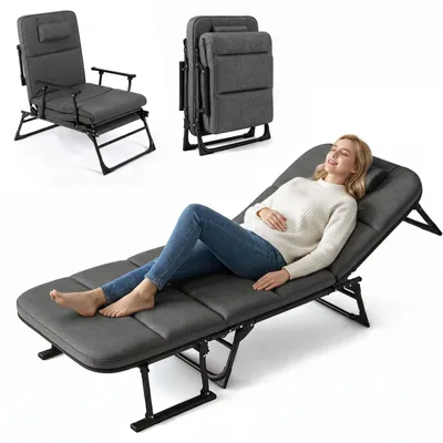 Zdjęcie produktu dla Składane łóżko kempingowe, krzesło składane z 6-stopniową regulacją, przenośna rozkładana sofa, leżak ogrodowy z poduszką, leżak ogrodowy do użytku na zewnątrz i wewnątrz, kolor ciemnoszary