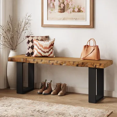 Immagine prodotto di Banco d'ingresso in legno massello Wanbor, 120 cm, stile industriale, con gambe in metallo, panca stretta e lunga, ideale per camera da letto o soggiorno