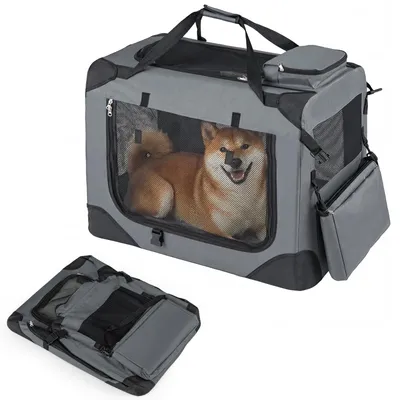 Zdjęcie produktu dla Składana klatka dla psów COSTWAY 72 x 52,5 x 52,5 cm, torba transportowa z siatkowymi okienkami, 3 drzwiami, wyjmowaną wyściółką, uchwytami do przenoszenia i 2 kieszeniami, przenośna klatka transportowa dla psów