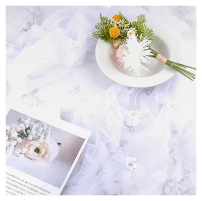 Produktbild von Perlen-Tüll-Tischläufer, 160 x 100 cm, weiße Perlen mit Blumen, Chiffon-Spitze, Tischdecke für Hochzeiten, Geburtstagsfeiern, Tischstühle, Dekoration, Partyzubehör
