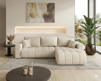 Image de Canapé d’angle LARA PREMIUM droit beige velours Monolith 2 - fonction couchage, coffre de rangement pour la literie