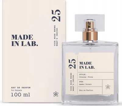 A bottle of perfume and its packaging are displayed on a white background.