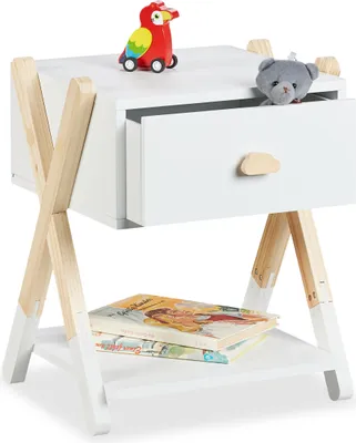 Zdjęcie produktu dla Relaxdays Nachttisch für Kinder, Stolik nocny, Naturalny, Biały, 1 szuf., MDF, Drewno, 1 pół., 20 kg