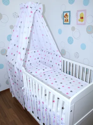 Produktbild von Primawela Baby Bettwäsche Set- 6 teiliges Set mit Vollstoff Himmel Bettset Nestchen 13. Star Rosa