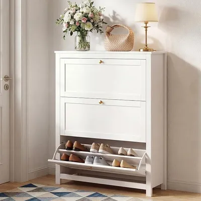 Imagen del producto de Armario para zapatos con 3 puertas, color blanco, dimensiones 90x30x110 cm