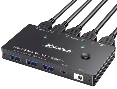 Zdjęcie produktu dla Przełącznik KVM umożliwiający podłączenie 2 komputerów do 1 monitora, obsługujący rozdzielczość 8K przy 60 Hz oraz USB 3.0