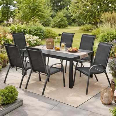 Hochwertige Gartengarnitur 7-teilig Gartentisch 180x90cm Anthrazit Aluminium Schwarz + 4 Stapelstühle Stahl Textilen Schwarz