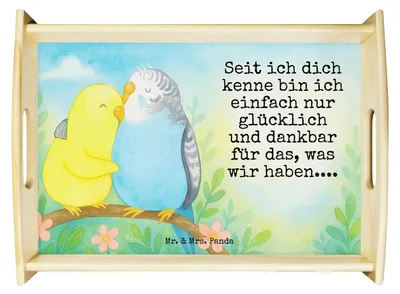 Produktbild von Mr. & Mrs. Panda Serviertablett Wellensittich Liebe Design - Weiß - Geschenk, sofatablett, Tablett, Servier, Verknallt, Umarmung, Holztablett, glücklich, Umarmen, Deko