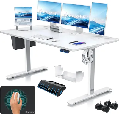 Produktbild von KESSER® Schreibtisch elektrisch & höhenverstellbar Computertisch Ergonomisch Stehen & Sitzen 3-Memory 360° Rollen USB-Ladeanschluss 160x70cm Weiß