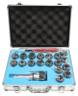 Productafbeelding van ER32 set met spanbekken, spanbereik 2-20 mm, 18 spanbekken, schroefdraad M12, nauwkeurigheid 0,015 mm, ER32 sleutel, lengte 205 mm