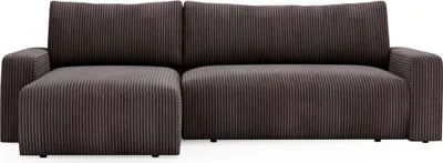 Image de Canapé d'angle  avec fonction couchage et coffre de rangement, canapé en L, fonction couchage ARAGON, velours côtelé épais marron, pouf ? gauche