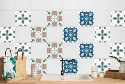 Produktbild von 24 Stück Laminierter Fliesenfolie Nachbildung Fliesenaufkleber für Küche und Bad Harmonie Motive 20 x 20 cm