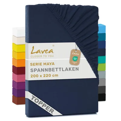 Zdjęcie produktu dla Lavea® Prześcieradło z gumką do materaca z dodatkową warstwą, 200x220 cm, kolekcja Maya, 100% bawełna dżersej – Miękkie prześcieradło z gumką, przeznaczone do materacy z dodatkową warstwą do 10 cm – Kolor: Galaxy Blue (niebieski)