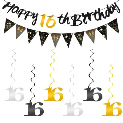 16. Geburtstag Deko Set Schwarz Gold – Banner, Wimpel, Spiralen
