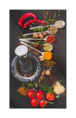 Produktbild von Wallario Herdabdeckplatte aus Glas 1-teilig, Größe 30x52 cm Mörser mit Kräutern und Gewürzen