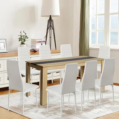Obrázok produktu pre Jedálenská zostava pre 8 osôb: jedálenský stôl 160 cm, dubový Imitácia s čiernymi nohami, 8 jedálenských stoličiek s vysokým operadlom, potiahnutých umelou kožou, farby bielej