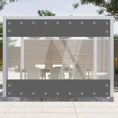 An outdoor patio area with a transparent PVC curtain attached to a white frame structure, enclosing a dining table and chairs.