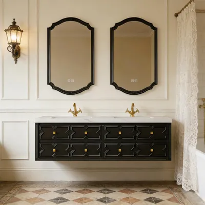 Image de Ensemble lavabo mural en grès cérame, ensemble meuble-lavabo de salle de bains, ensemble de meubles de salle de bains moderne, avec trou pour robinetterie, noir, 130 × 55 cm /SJBGH/
