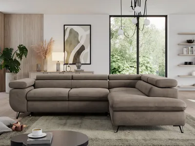 Produktbild von Ecksofa mit Bettkasten, Einstellbare Kopfstützen, Schlaffunktion, Eckcouch L-form - PEDRO L - Velvet - Braun - Rechts