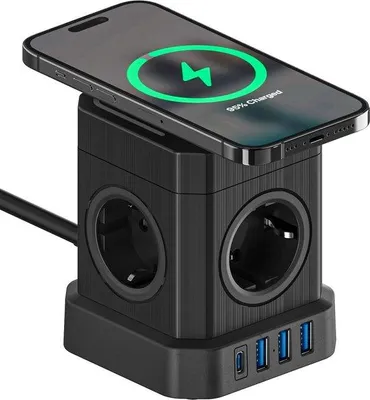 Zdjęcie produktu dla 8-gniazdkowa listwa z bezprzewodową stacją ładującą – USB-C – 4000 W, czarna listwa z gniazdkami