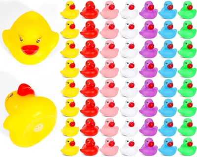 Imagen del producto de Conjunto de 56 patitos de goma que emiten sonido, en 7 colores diferentes, ideales para la bañera y la piscina