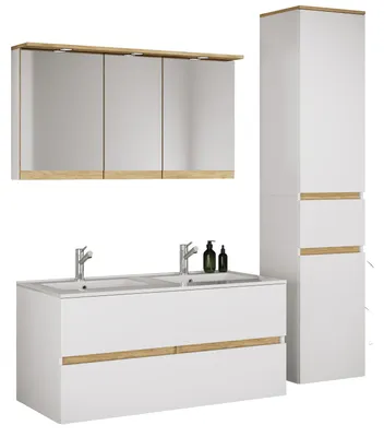 Immagine prodotto di Mobile bagno doppio Cosila a 4 pezzi con doppio lavabo in Vetroceramica: mobiletto da bagno H. 51 x L. 111 x P. 51 cm con 2 cassetti a chiusura ammortizzata, mobiletto con specchio, illuminazione e presa e colonna Cosila-I.