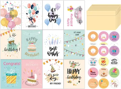 Produktbild von 24 Geburtstagskarten für Kinder, DIY Karten Set mit Umschlägen & 2 Aufklebern, Happy Birthday Karten Multipack