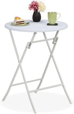 Image de Table de jardin - Pliante - Aspect rotin - Hauteur x Diamètre : 75 x 60 cm - Ronde - Plastique et acier - Petite table d'extérieur - Pour balcon - Blanche