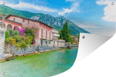 Produktbild von MuchoWow® 120x80 cm Outdoor-Poster Gartendeko Sichtschutz Garten Poster für den Garten  Gardasee - Haus - Blau