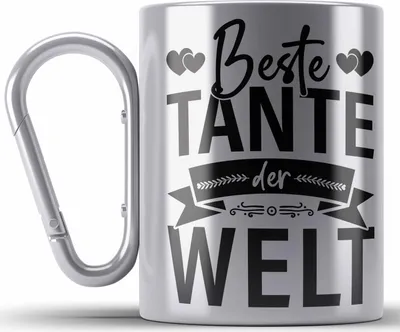 Produktbild von Trendation - Beste Tante Der Welt Edelstahl Tasse Karabiner Geschenkidee Lustig Spruch Lieblingstante Geschenke (Silber)