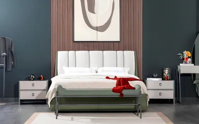 Image de Ensemble chambre à coucher blanc et vert Lit rembourré Banquette 2 tables de chevet
