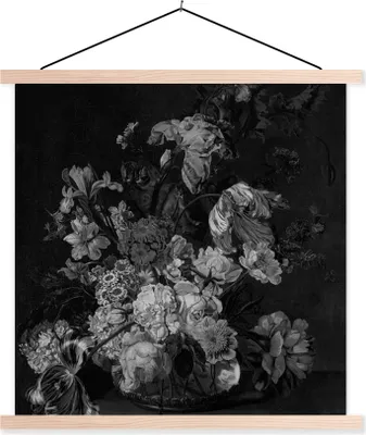 Produktbild von MuchoWow® Textilposter Stilleben mit Blumen - Gemälde von Cornelia van der Mijn - schwarz-weiß 60x60 cm mit holzfarbenen Rahmen - Wanddekoration