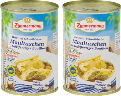 Produktbild von Original schwäbische Maultaschen –4 Maultaschen mit Schweinefleisch-Spinat-Füllung in Bouillon 2x400ml Dose,von ZIMMERMANN Fleischwerke
