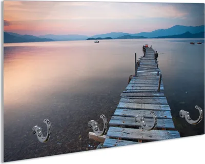 Produktbild von Wallario Handtuchhalter aus Glas, Motiv: Steg am See- Idylle bei Sonnenuntergang, 30 x 20 cm mit 4 Haken