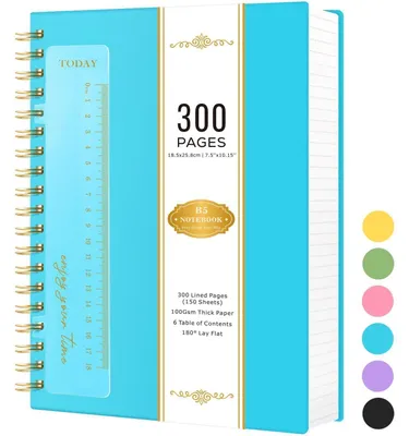 Image de Bloc-notes format A5, ligné, 18,5 x 25,8 cm, reliure spirale, 300 pages, 100 g/m², couleur bleu