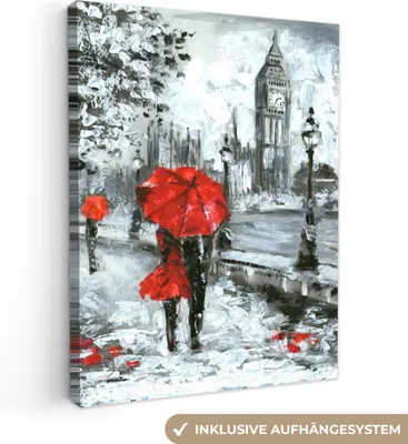 Produktbild von MuchoWow® - Leinwandbilder - Gemälde - Regenschirm - Öl, Wandbild, Wanddeko Bilder Wohnzimmer, 90x120 cm